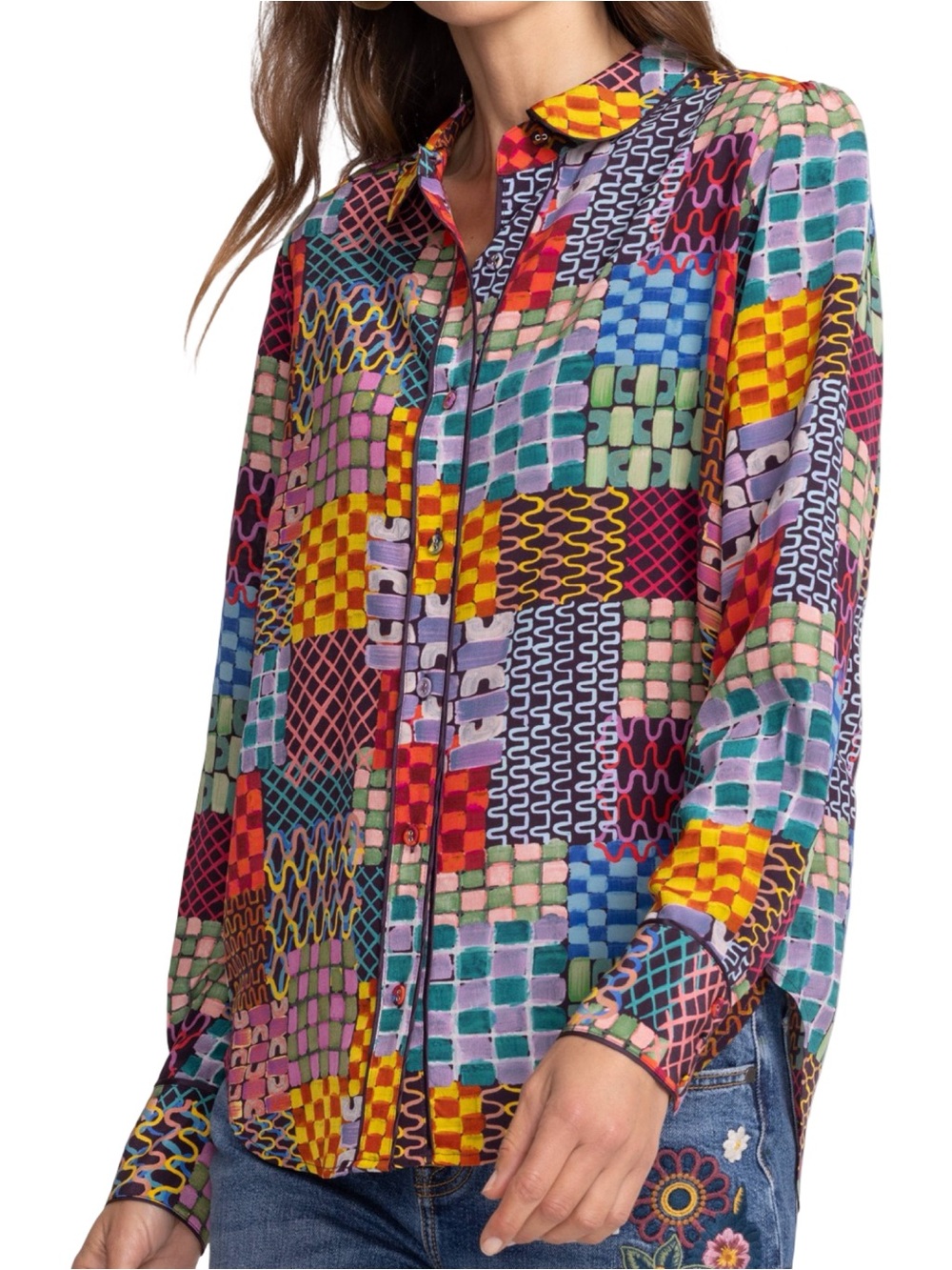 Johnny Was Women’s Size M Multicolor Patchwork Button Down Isadora Waves Shirt